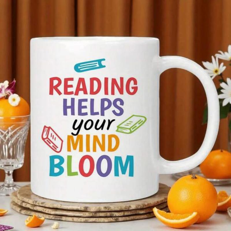 Tailorly White Ceramic 11 oz Mug - Reading Helps Your Mind Bloom Clean White Background With Small Colorful Floating Minimalist Book Mug