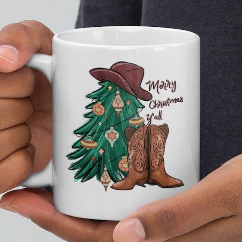 Tailorly White Ceramic 11 oz Mug - Merry Christmas Yall Festive Evergreen Tree Adorned With Ornaments Cowboy Hat And Boots Christmas Tree