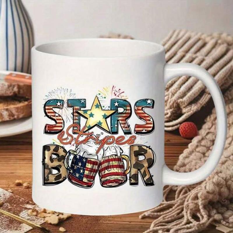 Tailorly White Ceramic 11 oz Mug - Stars Stripes Beer Patriotic American Flag Motifs Decorated Clinking Beer Mugs With Festive Fireworks Mug