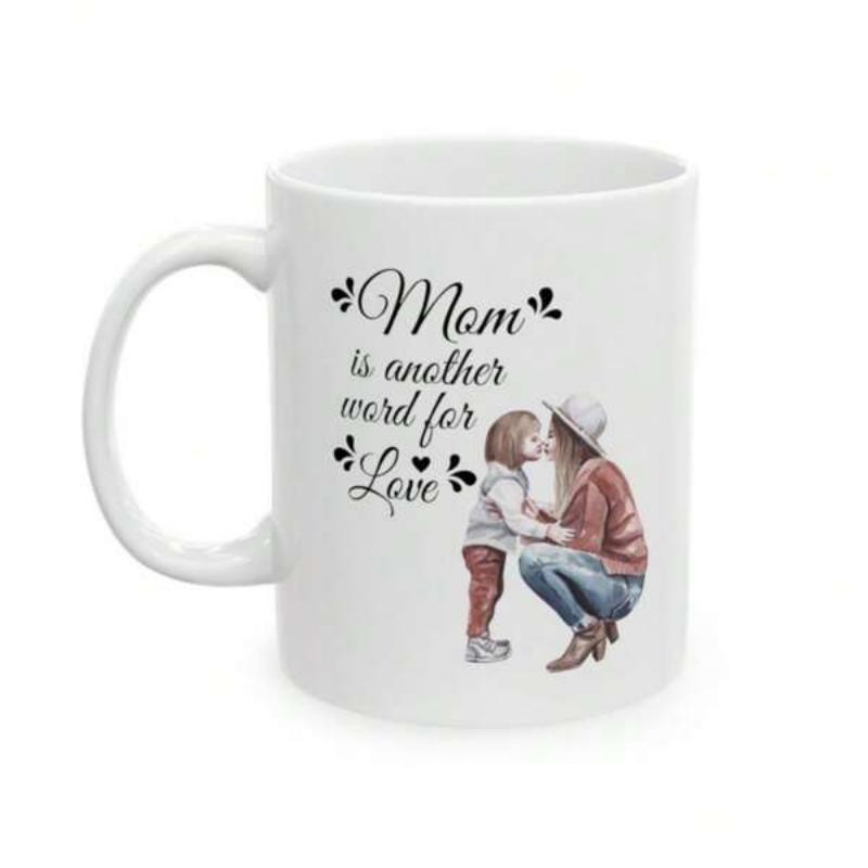 Tailorly White Ceramic 11 oz Mug - Mom Is Another Word For Love Soft Watercolor Illustration Capturing A Tender Moment Between Parent And Child Mother