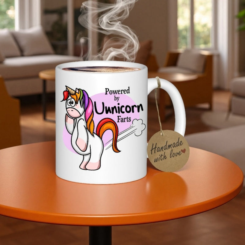 Tailorly White Ceramic 11 oz Mug - Powered By Unicorn Farts Colorful Rainbow Mane Cartoon Creature Standing Amidst Magical Swirling Pink Mist Unicorn