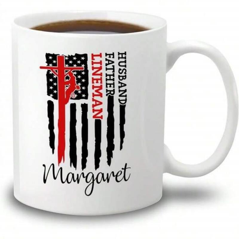 Tailorly White Ceramic 11 oz Mug - Husband Father Lineman Margaret Distressed American Flag Pattern Featuring Red Silhouette Of Working Utility Pole Mug