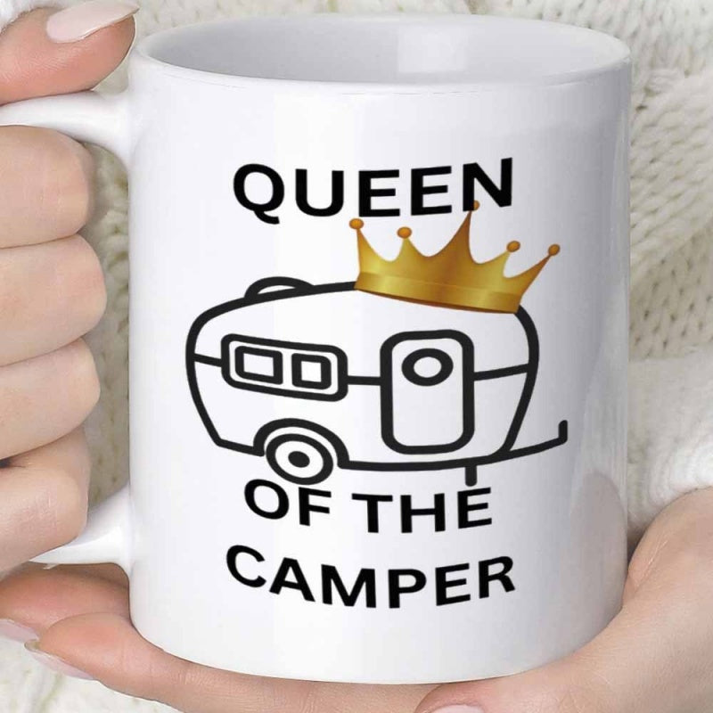 Tailorly White Ceramic 11 oz Mug - Queen Of The Camper Minimalist Black Outline Trailer Wearing A Shimmering Golden Royal Crown Camper