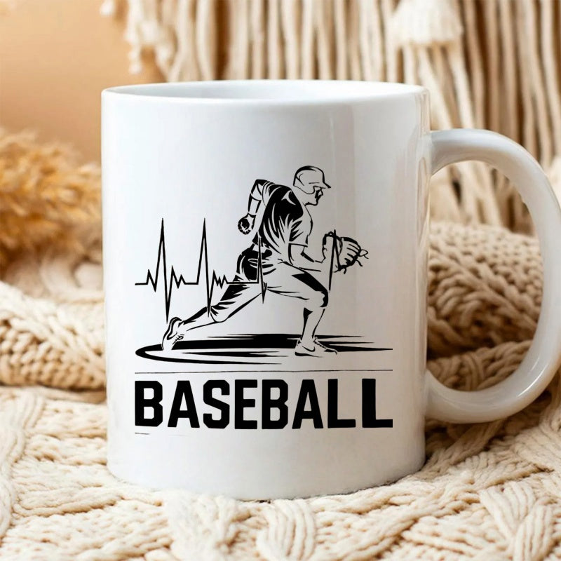 Tailorly White Ceramic 11 oz Mug - Baseball Dynamic Action Silhouette Surrounded By Energetic Rhythmic Heartbeat Pulse Lines Player