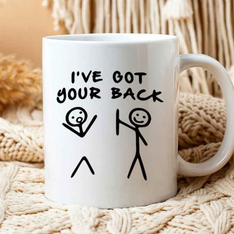 Tailorly White Ceramic 11 oz Mug - Ive Got Your Back Minimalist Hand Drawn Lines Showing Friendship And Supportive Humor Stick Figure
