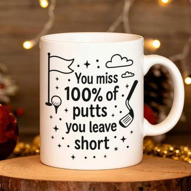Tailorly White Ceramic 11 oz Mug - You Miss 100% Of Putts You Leave Short Minimalist Line Art Style With Golf Flag And Stars Under Clouds Putter