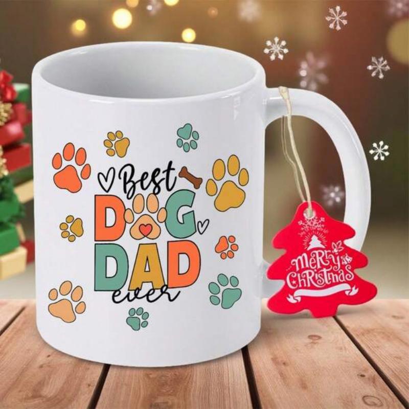Tailorly White Ceramic 11 oz Mug - Best Dog Dad Ever Colorful Retro Pattern With Playful Bones And Hearts Surrounded By Paw Print