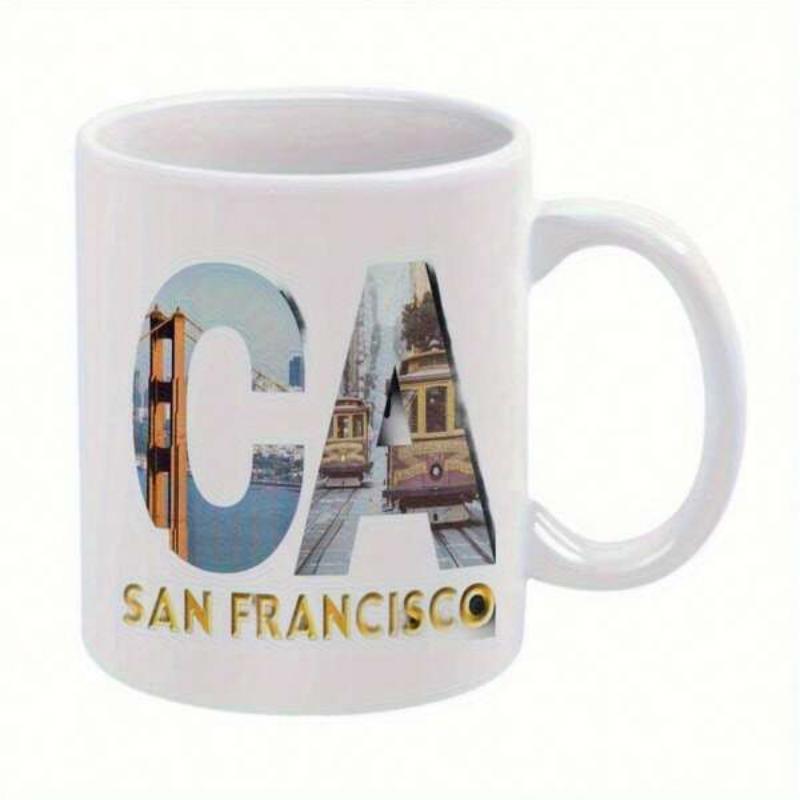 Tailorly White Ceramic 11 oz Mug - San Francisco CA Artistic Letters Showcasing Golden Gate Bridge And Iconic Cable Car Cityscape