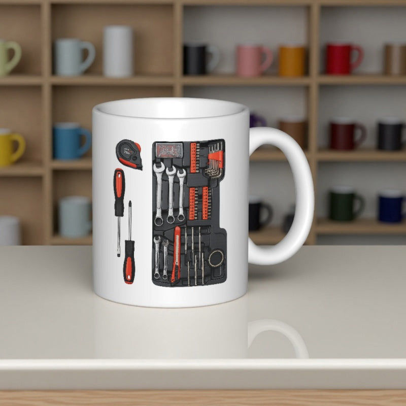 Tailorly White Ceramic 11 oz Mug - Professional Mechanic Hand Tools Organized Inside Sturdy Black Protective Case Tool Kit