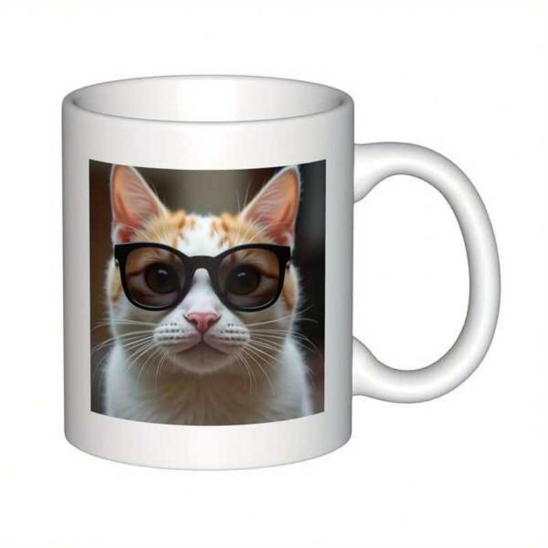 Tailorly White Ceramic 11 oz Mug - Ginger And White Feline Wearing Trendy Black Sunglasses In Frontal View Cat