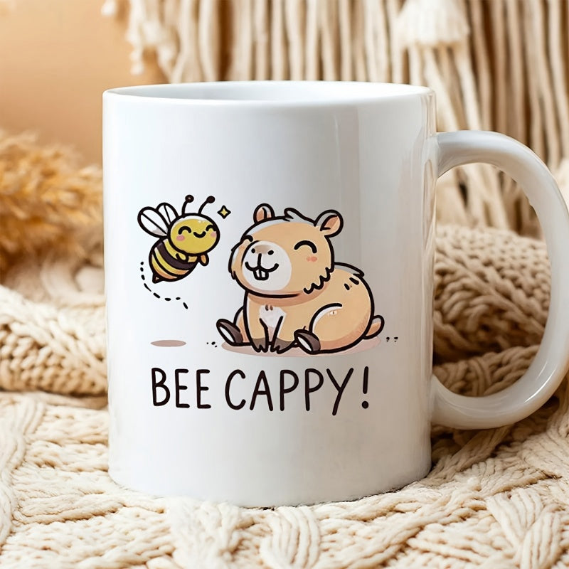 Tailorly White Ceramic 11 oz Mug - Bee Cappy Adorable Smiling Bee Flying Near A Friendly Sitting Brown Cartoon Capybara