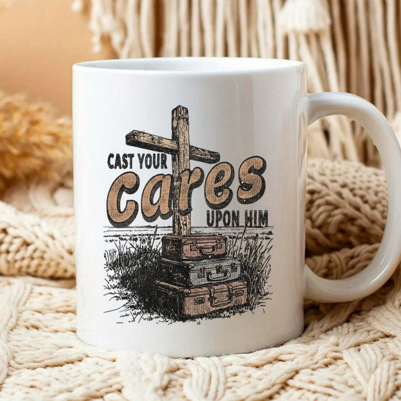 Tailorly White Ceramic 11 oz Mug - Cast Your Cares Upon Him Rustic Wooden Cross Behind Three Stacked Old Travel Suitcases Cross