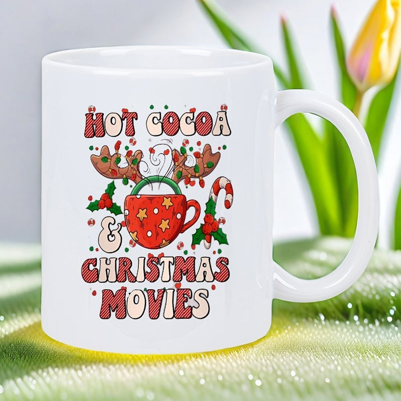 Tailorly White Ceramic 11 oz Mug - Hot Cocoa Christmas Movies Festive Red Mug With Reindeer Antlers And Sweet Candy Cane Mug
