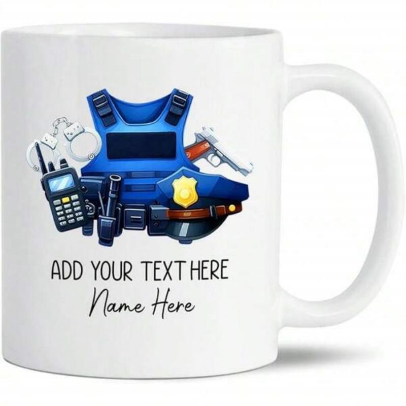 Tailorly White Ceramic 11 oz Mug - Add Your Text Here Name Here Blue Tactical Police Uniform With Handcuffs Radio And Golden Shield Badge Vest