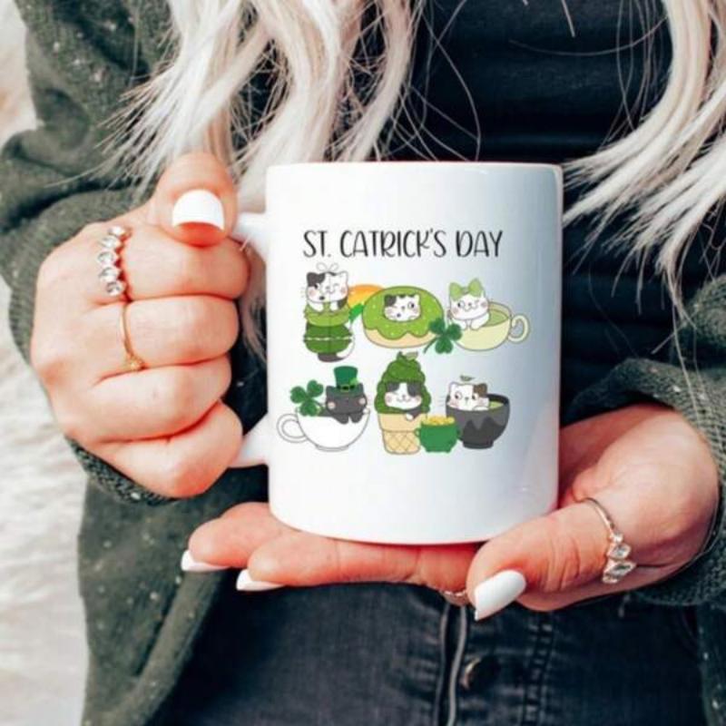 Tailorly White Ceramic 11 oz Mug - St Catricks Day Whimsical Kittens Celebrating Irish Luck Among Green Shamrocks And Golden Pots Cat