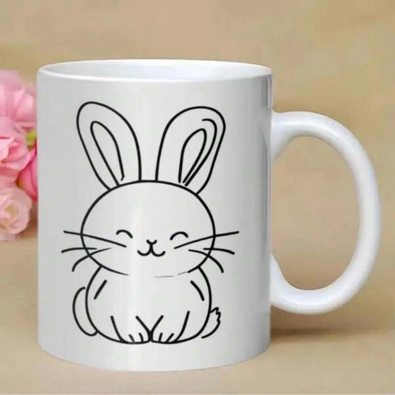 Tailorly White Ceramic 11 oz Mug - Minimalist Black Line Art Drawing Featuring A Smiling Cute Sitting Rabbit