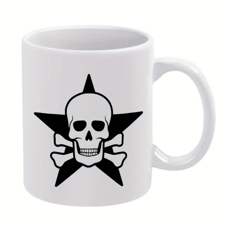 Tailorly White Ceramic 11 oz Mug - Simple Bold Black Five Pointed Star Featuring A Classic Pirate Style Skull