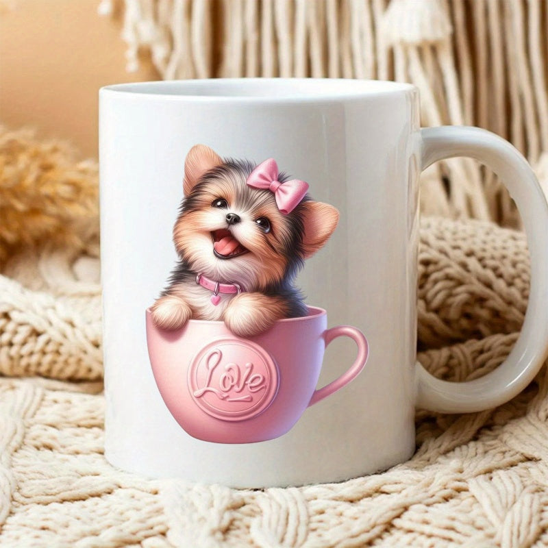 Tailorly White Ceramic 11 oz Mug - Love Adorable Little Fluffy Puppy Wearing Pink Bow Inside A Small Cup Puppy