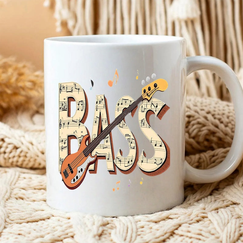 Tailorly White Ceramic 11 oz Mug - Bass Vintage Style Electric Bass Over Musical Note Themed Letters Guitar