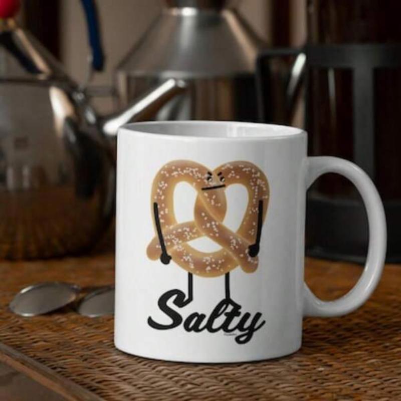 Tailorly White Ceramic 11 oz Mug - Salty Cartoon Character With Grumpy Face And Stick Limbs Standing Tall Pretzel