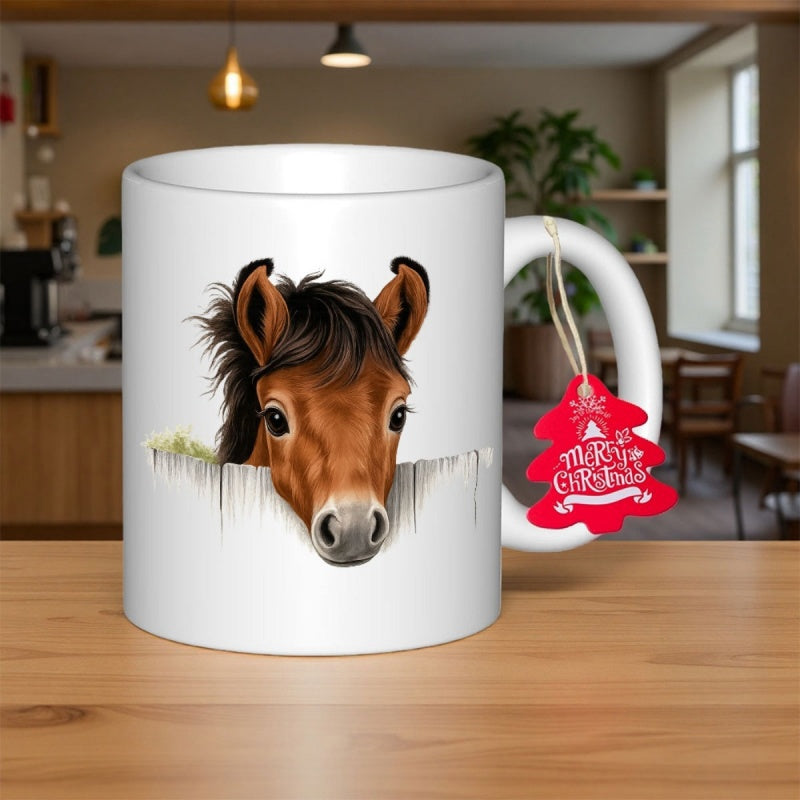 Tailorly White Ceramic 11 oz Mug - Realistic Brown Pony Head Peeking Over A Textured White Surface Horse