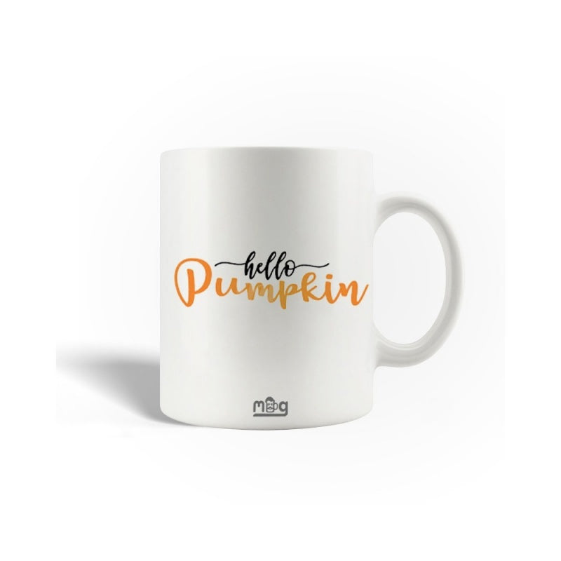 Tailorly White Ceramic 11 oz Mug - Hello Pumpkin Minimalist White Ceramic Coffee Vessel With Hand Lettered Autumn Themed Script Mug