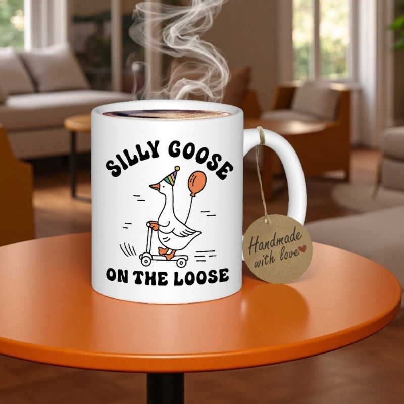 Tailorly White Ceramic 11 oz Mug - Silly Goose On The Loose Playful Cartoon Bird Wearing Party Hat Riding A Scooter Holding Balloon Goose