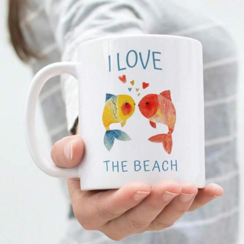 Tailorly White Ceramic 11 oz Mug - I Love The Beach Two Artistic Watercolor Style Kissing Colorful Aquatic Sea Creature Fish