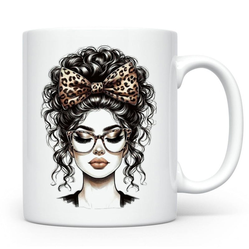 Tailorly White Ceramic 11 oz Mug - Chic Fashion Illustration With Messy Curly Hair And Leopard Patterned Bow Glasses Woman