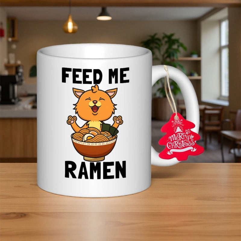 Tailorly White Ceramic 11 oz Mug - Feed Me Ramen Adorable Orange Cartoon Cat Sitting Behind A Delicious Steaming Bowl Of Tasty Ramen