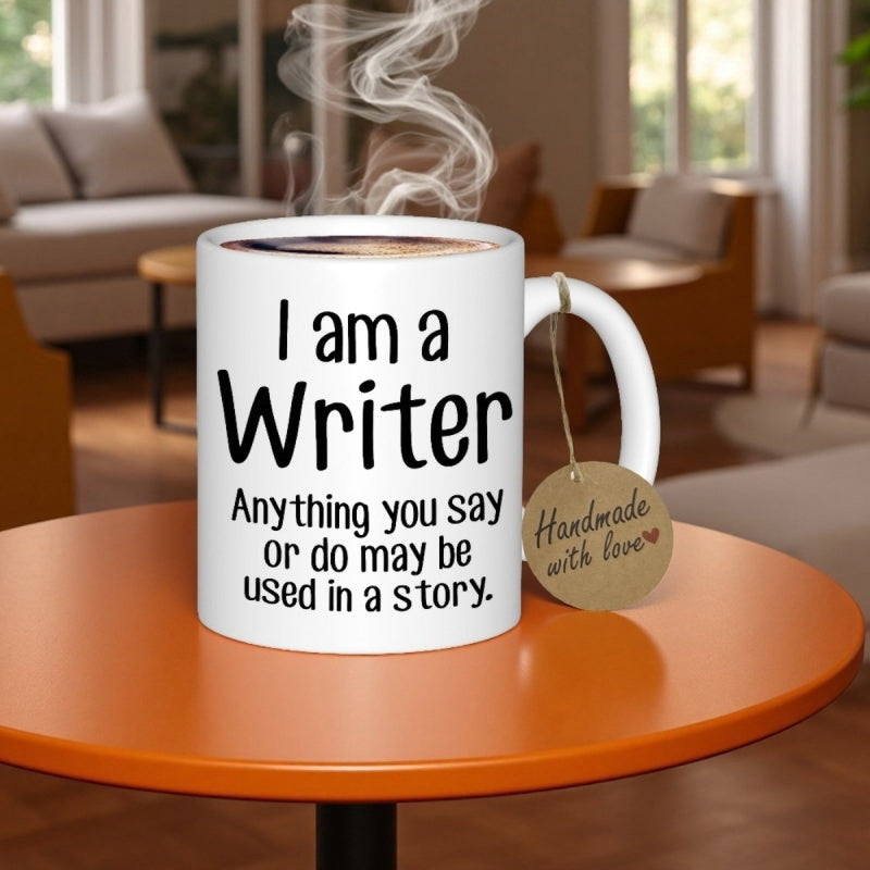 Tailorly White Ceramic 11 oz Mug - I Am A Writer Anything You Say Or Do May Be Used In A Story Steaming Hot Coffee In A Classic Ceramic Cup Resting On Surface Mug