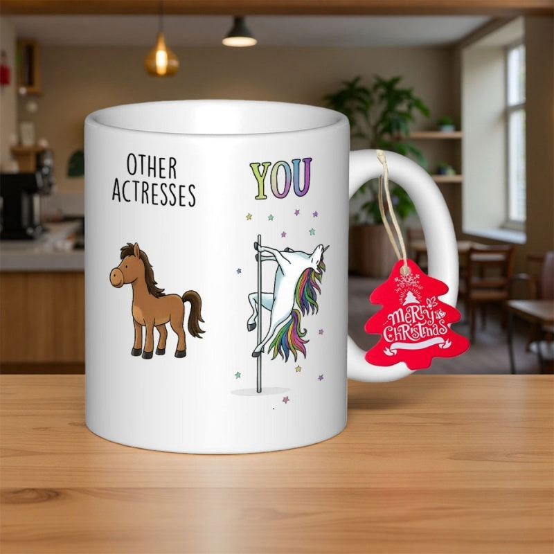 Tailorly White Ceramic 11 oz Mug - Other Actresses You Rainbow Colored Mythical Creature Performing Athletic Pole Dance On Polished Metal Pole Unicorn