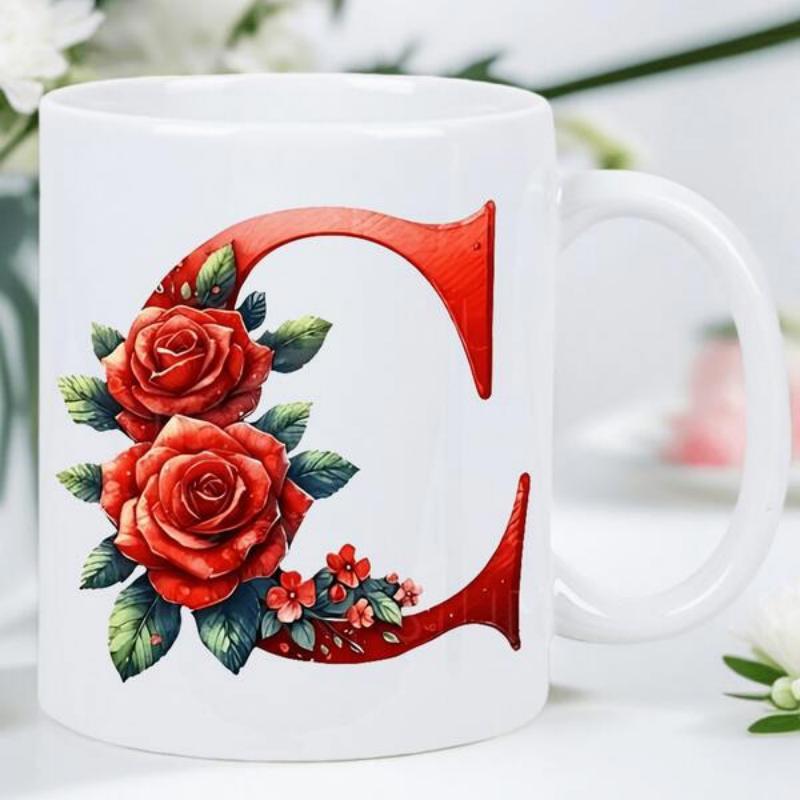Tailorly White Ceramic 11 oz Mug - C Elegant Red Roses With Green Leaves Entwined Around Large Serif Initial Rose