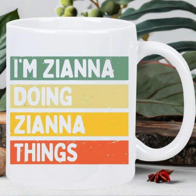 Tailorly White Ceramic 11 oz Mug - Im Zianna Doing Zianna Things Colorful Retro Sunset Stripes Featuring Distressed Weathered Vintage Texture Mug