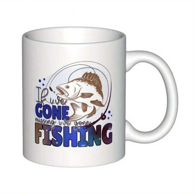Tailorly White Ceramic 11 oz Mug - If Ive Gone Fishing Jumping Bass Caught Within A Circular Curved Fishing Line Fish