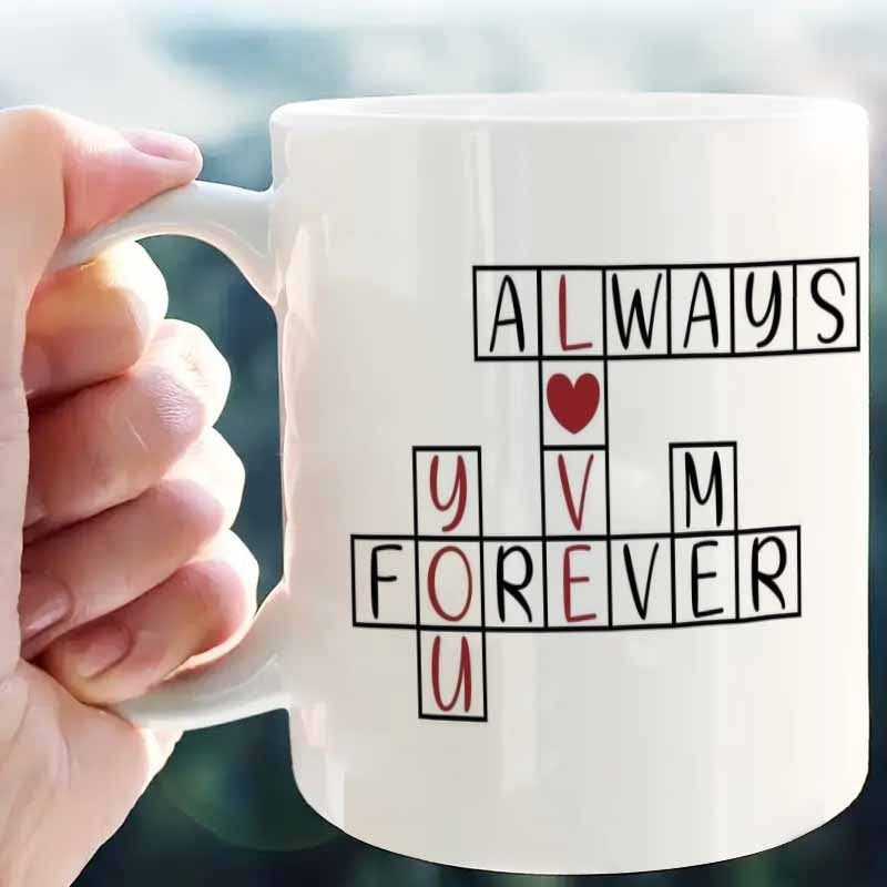Tailorly White Ceramic 11 oz Mug - Always Love You Forever Romantic Crossword Grid With Minimalist Tiles And Small Red Heart Crossword