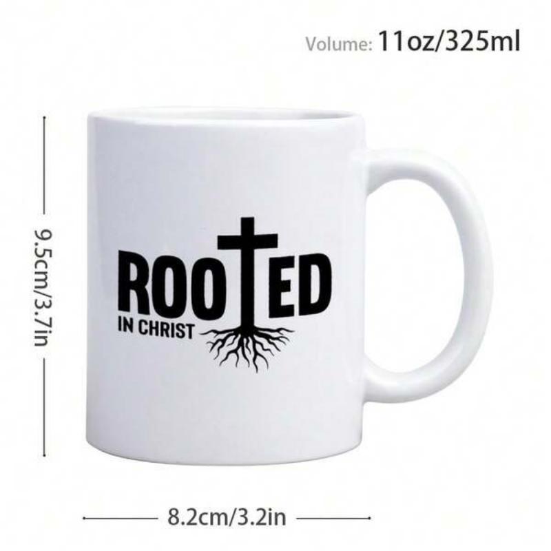 Tailorly White Ceramic 11 oz Mug - Rooted In Christ Thick Bold Black Lines Forming A Religious Icon With Growing Earthly Roots Cross