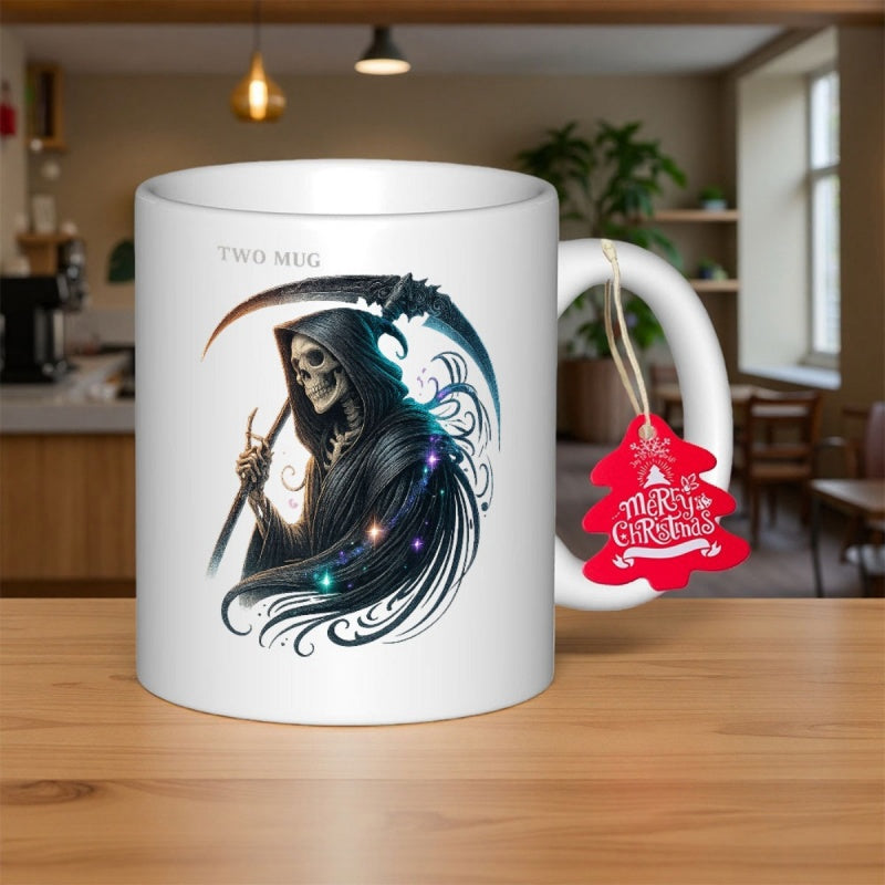 Tailorly White Ceramic 11 oz Mug - Two Mug Merry Christmas Dark Hooded Figure Holding A Sharp Scythe With Cosmic Glowing Stars Grim Reaper