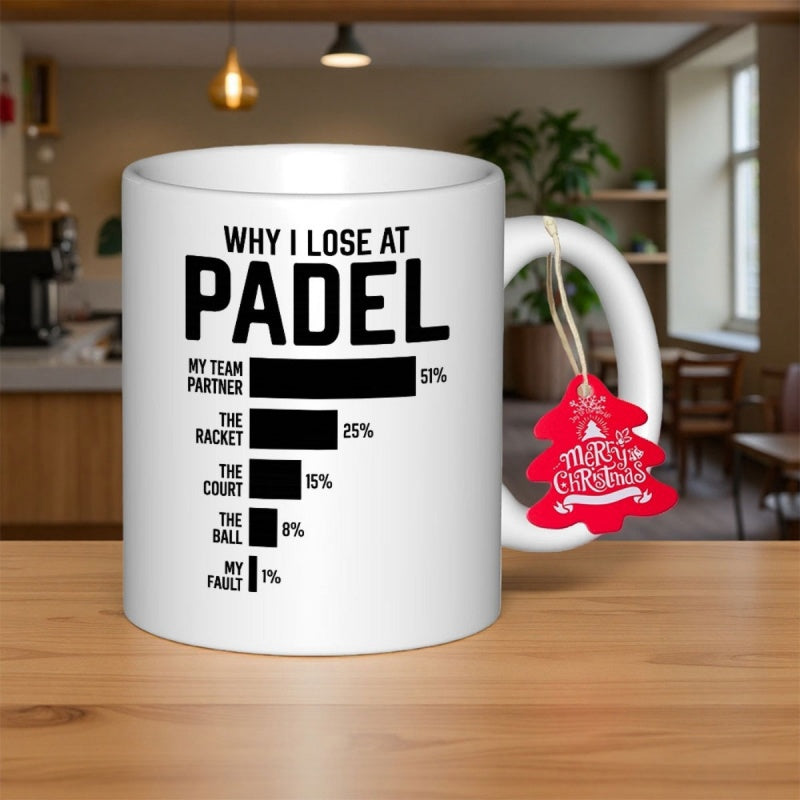 Tailorly White Ceramic 11 oz Mug - Why I Lose At Padel My Team Partner The Racket The Court The Ball My Fault Minimalist Black Horizontal Bar Chart Displaying