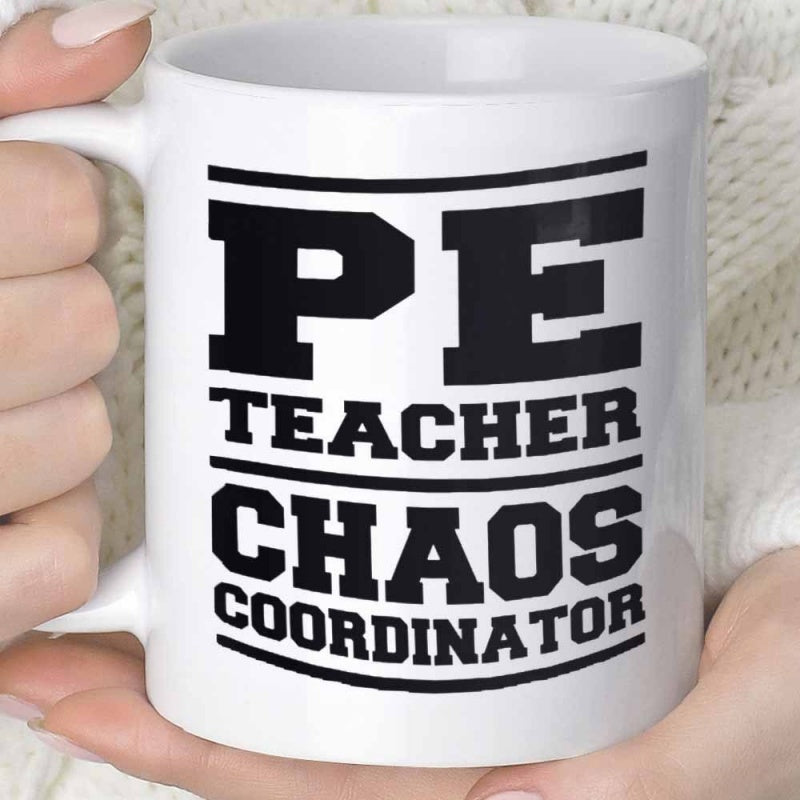 Tailorly White Ceramic 11 oz Mug - PE Teacher Chaos Coordinator Bold Varsity Style Lettering Surrounded By Minimalist Parallel Black Horizontal Lines Design