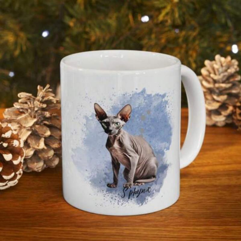 Tailorly White Ceramic 11 oz Mug - Sphynx Watercolor Artistic Rendering Of A Sitting Hairless Feline On Splashed Blue Background Sphynx