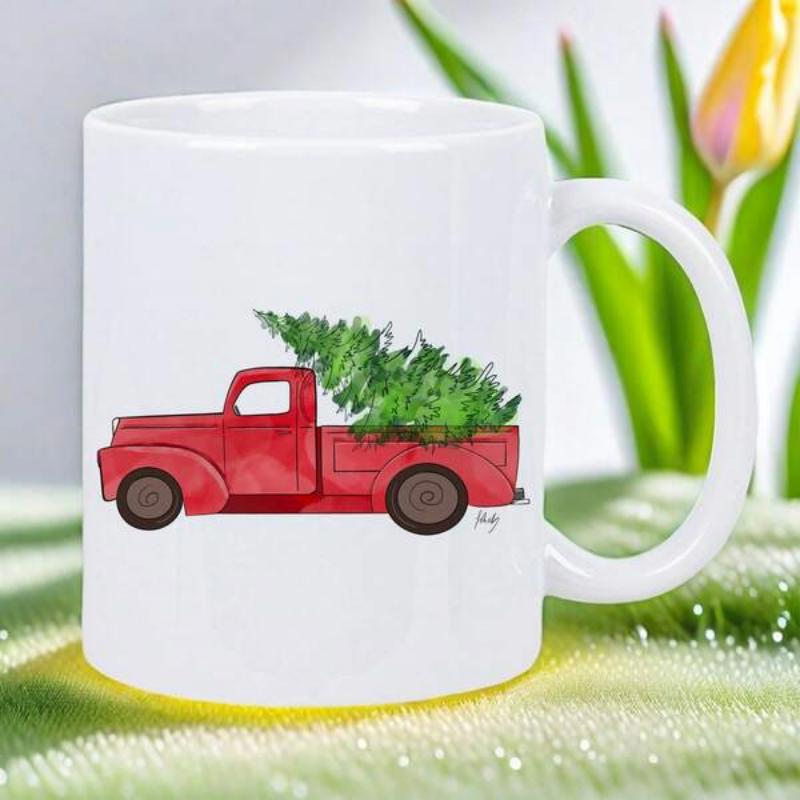 Tailorly White Ceramic 11 oz Mug - Vintage Red Watercolor Style Pickup Carrying A Lush Green Festive Pine Truck