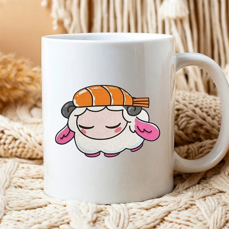 Tailorly White Ceramic 11 oz Mug - Cute Cartoonish White Lamb Featuring A Salmon Nigiri Topping On Head Sheep