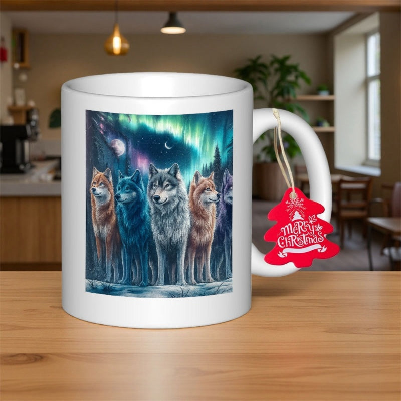 Tailorly White Ceramic 11 oz Mug - Merry Christmas Majestic Pack Standing Together Under A Vibrant Aurora Borealis Night Sky Wolf