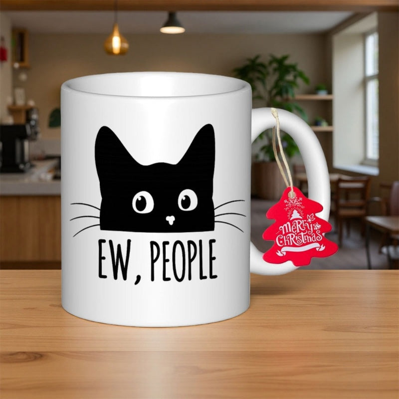 Tailorly White Ceramic 11 oz Mug - Ew People Minimalist Stylized Black Peeking Feline With Large Curious Eyes Cat