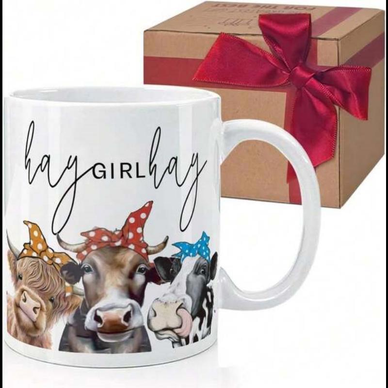 Tailorly White Ceramic 11 oz Mug - Hay Girl Hay Rustic Farmhouse Style With Three Cute Bandana Wearing Highland And Dairy Cow