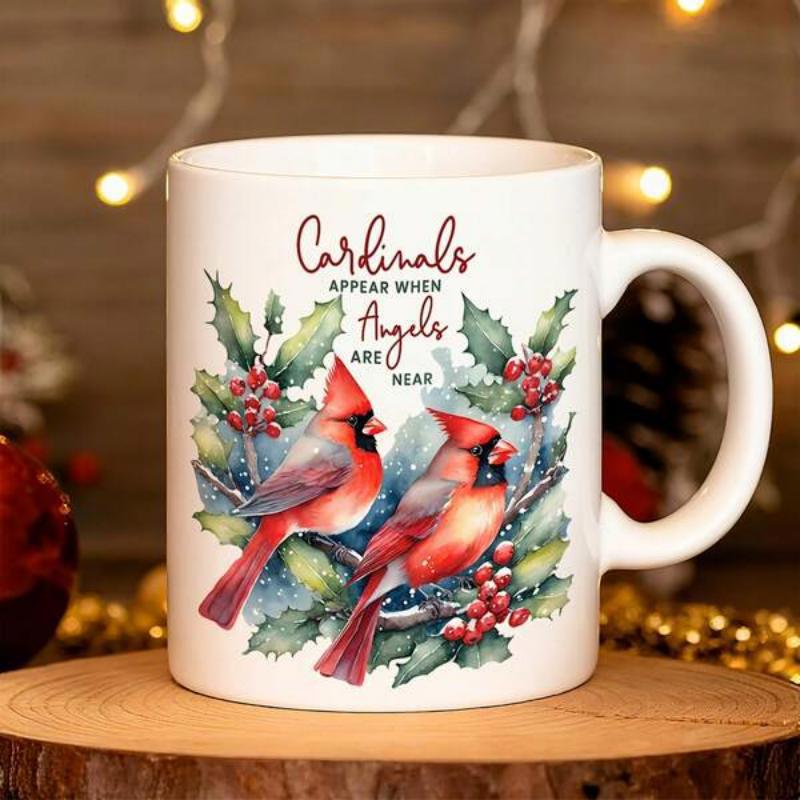 Tailorly White Ceramic 11 oz Mug - Cardinals Appear When Angels Are Near Vibrant Red Watercolor Birds Perched Among Green Holly And Berries Cardinal
