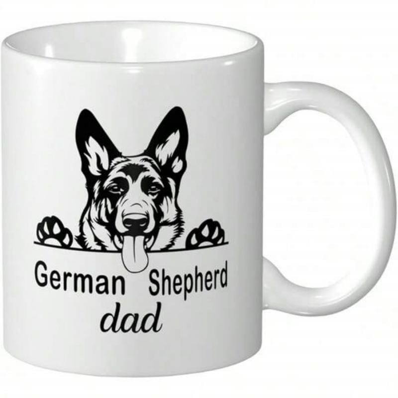 Tailorly White Ceramic 11 oz Mug - German Shepherd Dad Hand Drawn Minimalist Ink Style Peeking Over Edge Silhouette German Shepherd