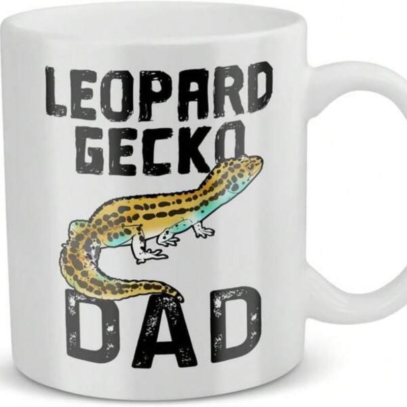 Tailorly White Ceramic 11 oz Mug - Leopard Gecko Dad Detailed Yellow Spotted Reptile Resting Between Bold Distressed Vintage Style Typography Gecko