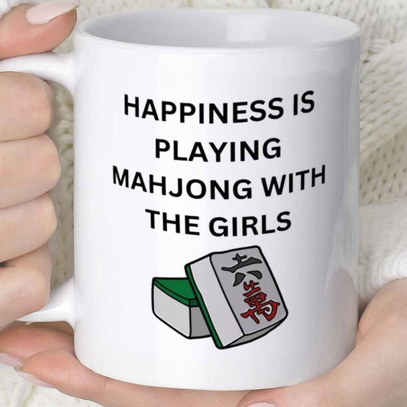 Tailorly White Ceramic 11 oz Mug - Happiness Is Playing Mahjong With The Girls Traditional Green And White Chinese Gaming Pieces With Symbols Mahjong